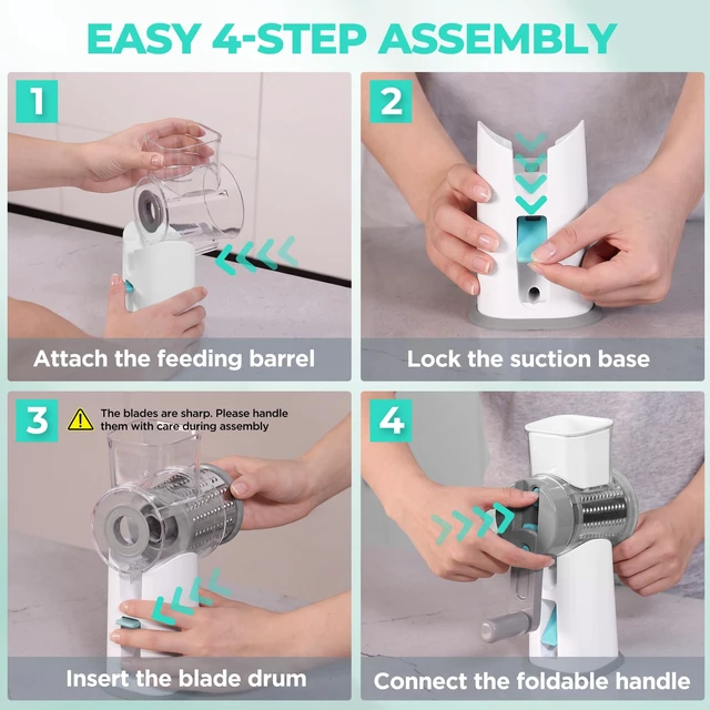 Alt view image 5 of 7 - Rotary Cheese Grater Hand Crank, Vegetable Slicer with 3 Blades | Large Manual Cheese Shredder, Foldable Handle, Powerful Suction Base, Grater for Cheese, Vegetables, Nuts