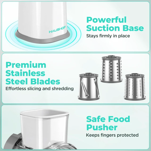 Alt view image 6 of 7 - Rotary Cheese Grater Hand Crank, Vegetable Slicer with 3 Blades | Large Manual Cheese Shredder, Foldable Handle, Powerful Suction Base, Grater for Cheese, Vegetables, Nuts