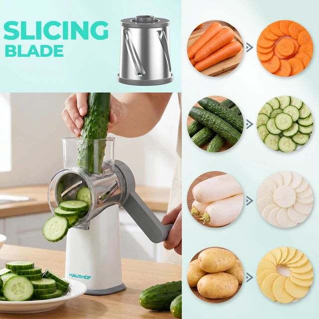 Alt view image 4 of 7 - Rotary Cheese Grater Hand Crank, Vegetable Slicer with 3 Blades | Large Manual Cheese Shredder, Foldable Handle, Powerful Suction Base, Grater for Cheese, Vegetables, Nuts
