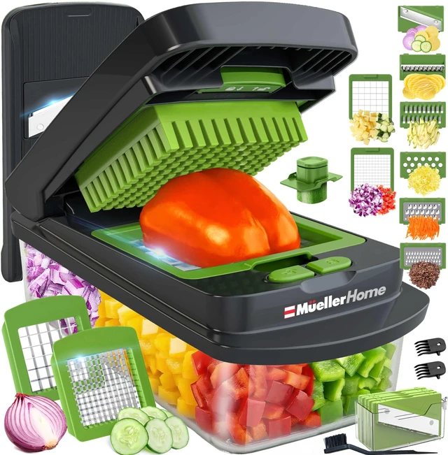 Main image of MUELLER HOME Pro-Series 10-in-1 Vegetable Chopper with Container, 8 Blade | Fruit Cutter, Dicer, Tomato Slicer, French Fry Cutter Potato Slicer, Salad Chopper, Gray/Green
