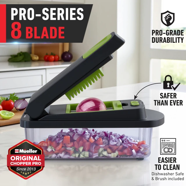 Alt view image 2 of 7 - MUELLER HOME Pro-Series 10-in-1 Vegetable Chopper with Container, 8 Blade | Fruit Cutter, Dicer, Tomato Slicer, French Fry Cutter Potato Slicer, Salad Chopper, Gray/Green