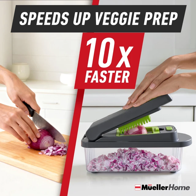 Alt view image 3 of 7 - MUELLER HOME Pro-Series 10-in-1 Vegetable Chopper with Container, 8 Blade | Fruit Cutter, Dicer, Tomato Slicer, French Fry Cutter Potato Slicer, Salad Chopper, Gray/Green