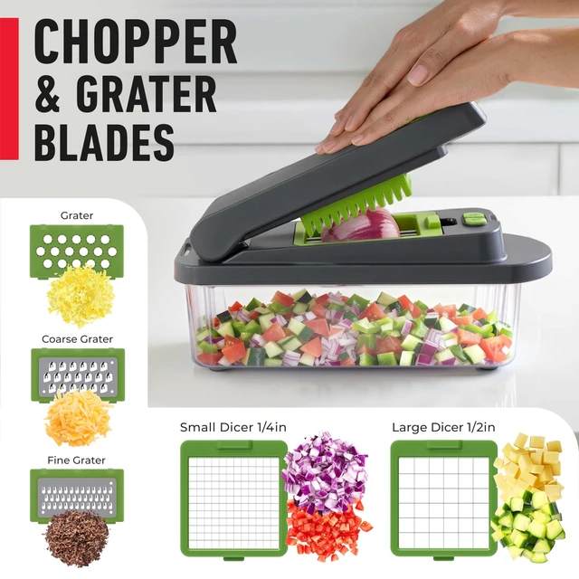 Alt view image 5 of 7 - MUELLER HOME Pro-Series 10-in-1 Vegetable Chopper with Container, 8 Blade | Fruit Cutter, Dicer, Tomato Slicer, French Fry Cutter Potato Slicer, Salad Chopper, Gray/Green