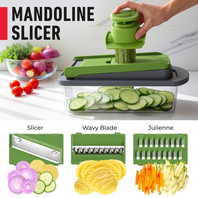 Alt view image 6 of 7 - MUELLER HOME Pro-Series 10-in-1 Vegetable Chopper with Container, 8 Blade | Fruit Cutter, Dicer, Tomato Slicer, French Fry Cutter Potato Slicer, Salad Chopper, Gray/Green