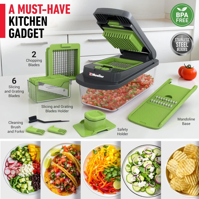 Alt view image 7 of 7 - MUELLER HOME Pro-Series 10-in-1 Vegetable Chopper with Container, 8 Blade | Fruit Cutter, Dicer, Tomato Slicer, French Fry Cutter Potato Slicer, Salad Chopper, Gray/Green