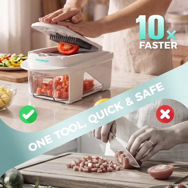 Alt view image 3 of 7 - All-in-1 Vegetable Chopper and Mandoline Slicer,13 Blades | Veggie Chopper and Spiralizer for Kitchen ,Dicer and Grater, Kitchen Prep Tool with Slide-Out Tray Container & Safety Holder