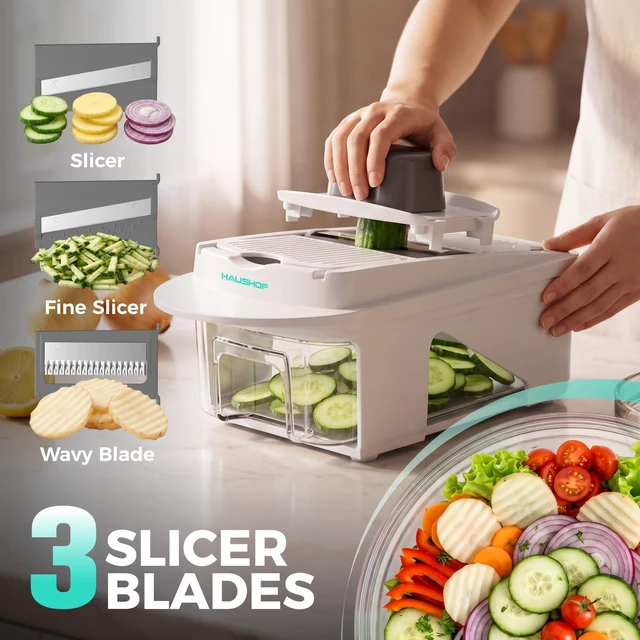 Alt view image 5 of 7 - All-in-1 Vegetable Chopper and Mandoline Slicer,13 Blades | Veggie Chopper and Spiralizer for Kitchen ,Dicer and Grater, Kitchen Prep Tool with Slide-Out Tray Container & Safety Holder