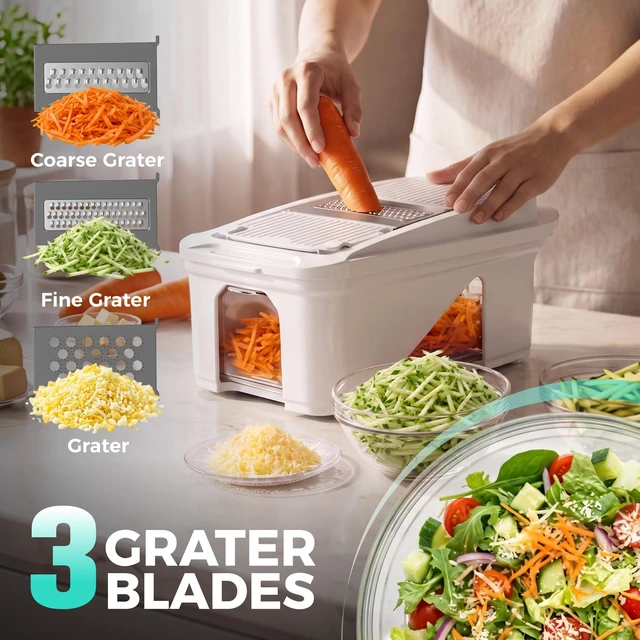 Alt view image 7 of 7 - All-in-1 Vegetable Chopper and Mandoline Slicer,13 Blades | Veggie Chopper and Spiralizer for Kitchen ,Dicer and Grater, Kitchen Prep Tool with Slide-Out Tray Container & Safety Holder