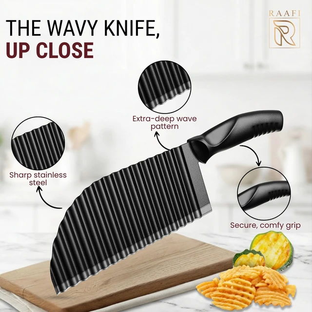 Alt view image 2 of 7 - Crinkle Cutter Set of 2 Sharp Stainless Steel Wavy Knife, Non-Slip Grip for Smooth Cuts on Veggies, Potatoes & Crinkle Cut Fries Crinkle Cutter Knife & Waffle Fry Cutter for BLW, Wave Cutter