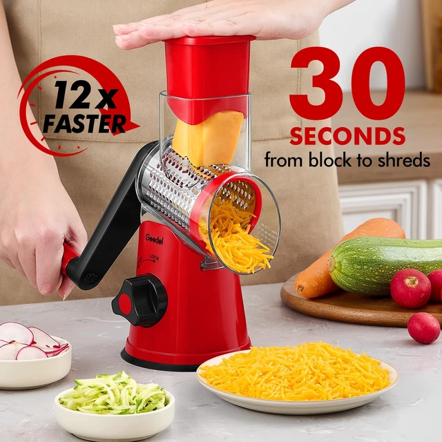 Alt view image 2 of 7 - Rotary Cheese Grater Hand Crank, Cheese Shredder Vegetable Slicer | 3 Blades, 430 Stainless Steel, 12x Fast Cutting, Strong Suction Base, No BPA, Dishwasher Safe, for Cheese, Veggie, Nut