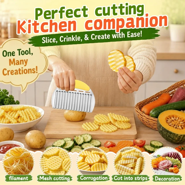 Alt view image 2 of 7 - Large Crinkle Cutter, Stainless Steel Vegetable Wavy Chopper | Versatile Fancy Edges Chopping, Wavy French Fry Slicer Kitchen Dicer Gadget
