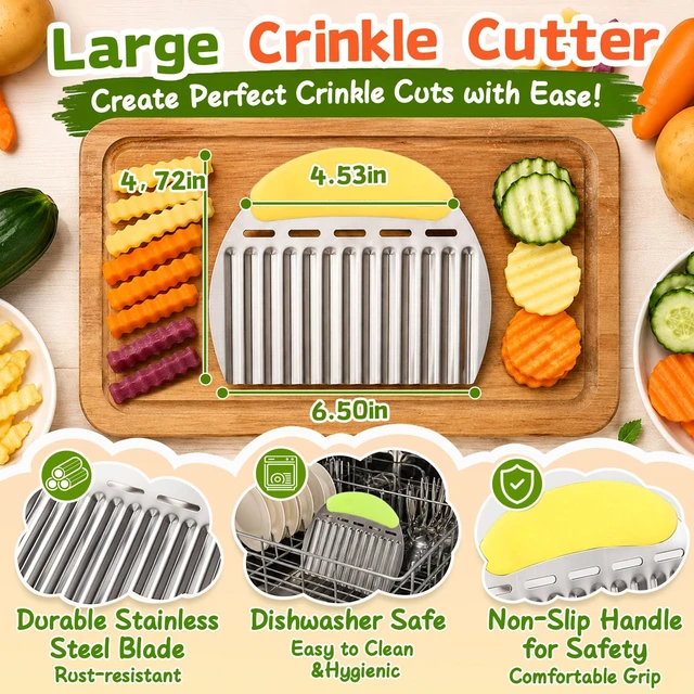 Alt view image 6 of 7 - Large Crinkle Cutter, Stainless Steel Vegetable Wavy Chopper | Versatile Fancy Edges Chopping, Wavy French Fry Slicer Kitchen Dicer Gadget