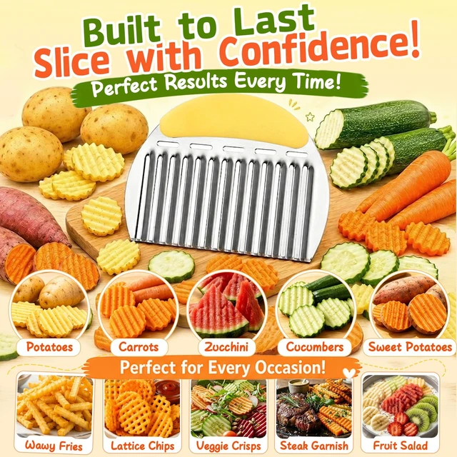Alt view image 7 of 7 - Large Crinkle Cutter, Stainless Steel Vegetable Wavy Chopper | Versatile Fancy Edges Chopping, Wavy French Fry Slicer Kitchen Dicer Gadget