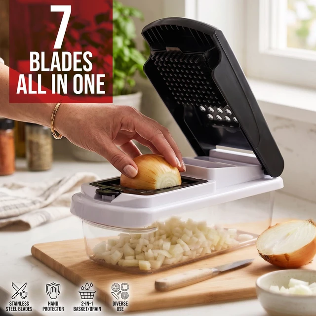 Alt view image 2 of 7 - 15 in 1 Vegetable Chopper Multifunction, Food Chopper, Egg Separator | 7 Stainless Steel Blades, Slice, Dice, Shred and Grate for Onions, Salad Prep, Fruits, Meal Prep, Non-Slip Base, Drain Basket