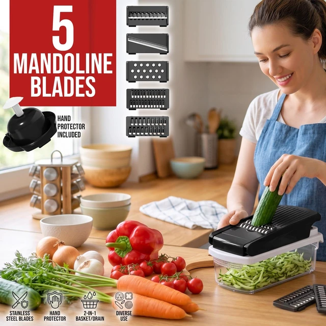 Alt view image 5 of 7 - 15 in 1 Vegetable Chopper Multifunction, Food Chopper, Egg Separator | 7 Stainless Steel Blades, Slice, Dice, Shred and Grate for Onions, Salad Prep, Fruits, Meal Prep, Non-Slip Base, Drain Basket