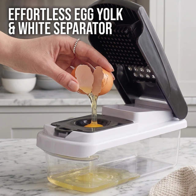 Alt view image 6 of 7 - 15 in 1 Vegetable Chopper Multifunction, Food Chopper, Egg Separator | 7 Stainless Steel Blades, Slice, Dice, Shred and Grate for Onions, Salad Prep, Fruits, Meal Prep, Non-Slip Base, Drain Basket