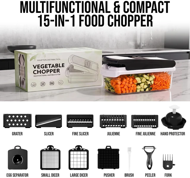 Alt view image 3 of 7 - 15 in 1 Vegetable Chopper Multifunction, Food Chopper, Egg Separator | 7 Stainless Steel Blades, Slice, Dice, Shred and Grate for Onions, Salad Prep, Fruits, Meal Prep, Non-Slip Base, Drain Basket