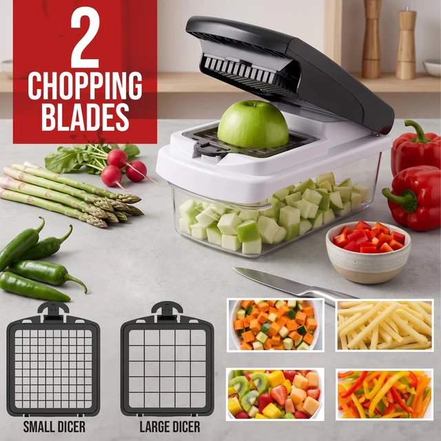 Alt view image 4 of 7 - 15 in 1 Vegetable Chopper Multifunction, Food Chopper, Egg Separator | 7 Stainless Steel Blades, Slice, Dice, Shred and Grate for Onions, Salad Prep, Fruits, Meal Prep, Non-Slip Base, Drain Basket