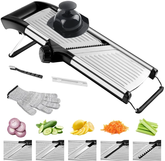 Main image of Mandoline Slicer for Kitchen, Adjustable Vegetable Slicer | Adjustable stainless steel blade slices potato, onion and tomato evenly; food holder and gloves help make kitchen prep safer.