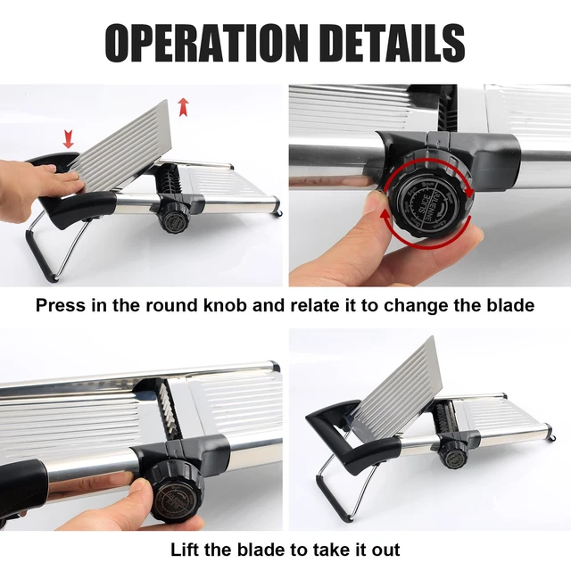 Alt view image 3 of 7 - Mandoline Slicer for Kitchen, Adjustable Vegetable Slicer | Adjustable stainless steel blade slices potato, onion and tomato evenly; food holder and gloves help make kitchen prep safer.