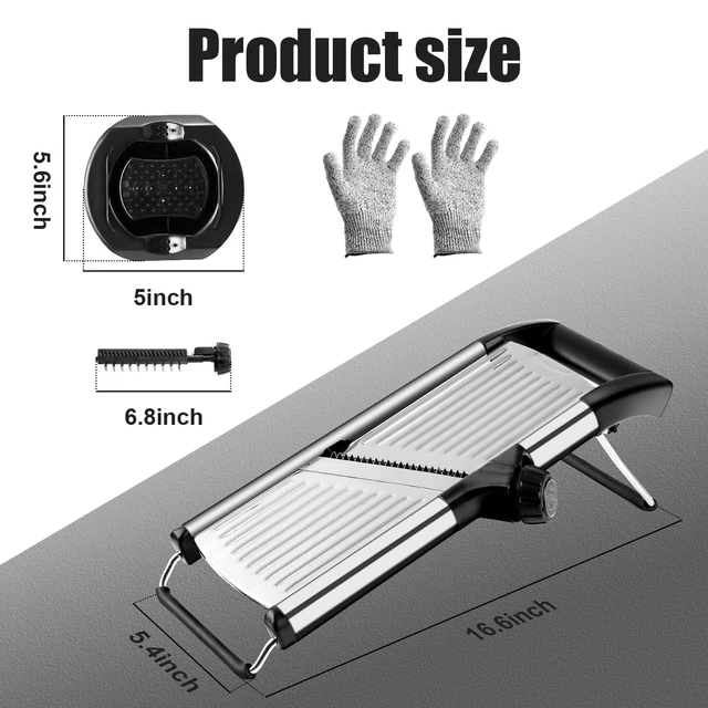 Alt view image 4 of 7 - Mandoline Slicer for Kitchen, Adjustable Vegetable Slicer | Adjustable stainless steel blade slices potato, onion and tomato evenly; food holder and gloves help make kitchen prep safer.