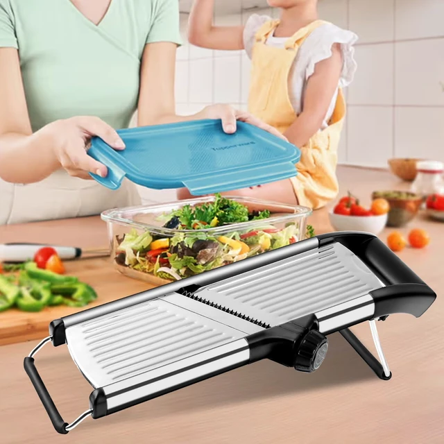 Alt view image 5 of 7 - Mandoline Slicer for Kitchen, Adjustable Vegetable Slicer | Adjustable stainless steel blade slices potato, onion and tomato evenly; food holder and gloves help make kitchen prep safer.