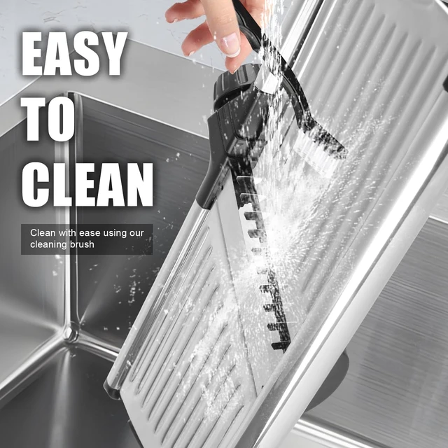 Alt view image 6 of 7 - Mandoline Slicer for Kitchen, Adjustable Vegetable Slicer | Adjustable stainless steel blade slices potato, onion and tomato evenly; food holder and gloves help make kitchen prep safer.