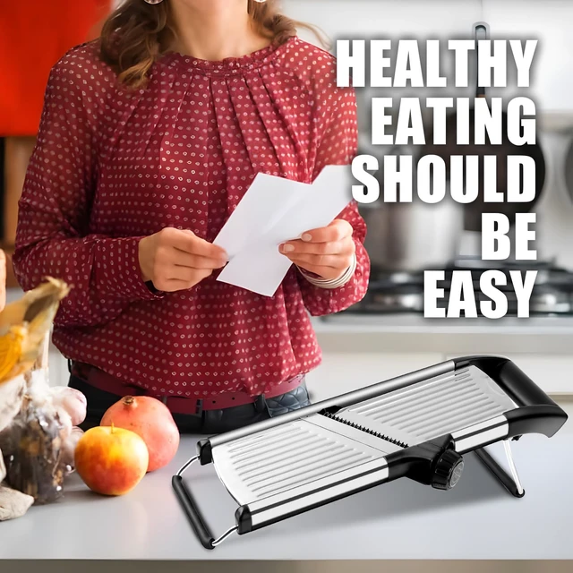 Alt view image 7 of 7 - Mandoline Slicer for Kitchen, Adjustable Vegetable Slicer | Adjustable stainless steel blade slices potato, onion and tomato evenly; food holder and gloves help make kitchen prep safer.