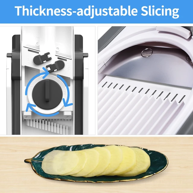 Alt view image 7 of 7 - Safe Mandoline Slicer for Kitchen, 5 in 1 Multi Food Chopper, Potato Slicer | Adjustable Thickness 0.1-8 mm, Vegetable Chopper Cutter, Food Chopper French Fry Cutte, Paring Knife/Cleaning Brush