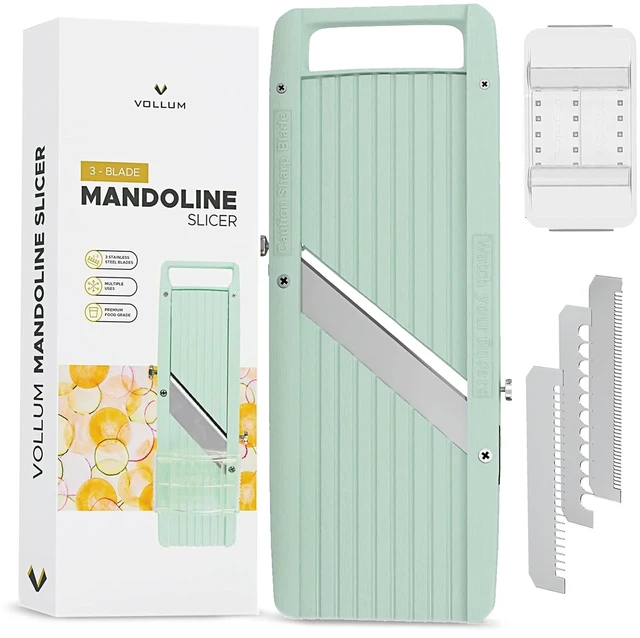 Main image of Mandoline Slicer Vegetable Cutter Stainless Steel Blades | Narrow handheld manual food slicer with interchangeable blades for precise, professional-style kitchen prep.