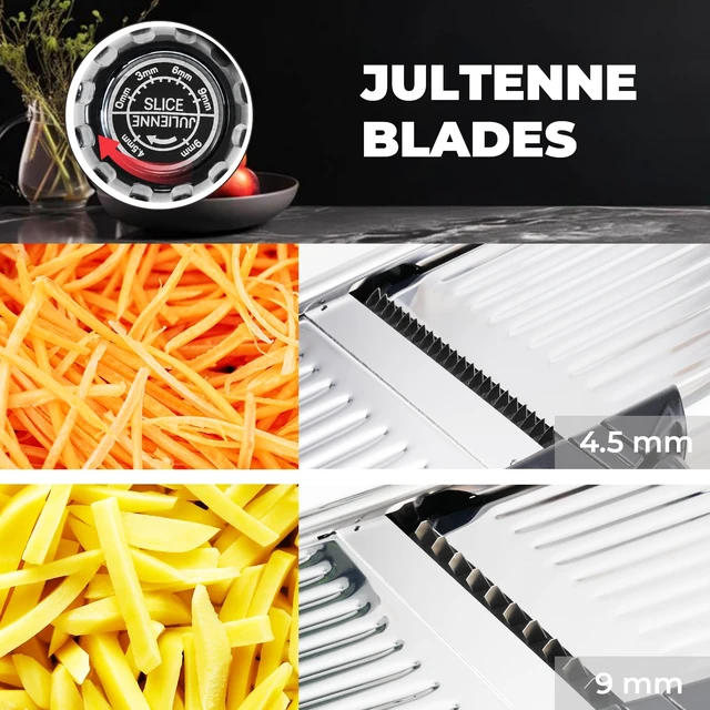 Alt view image 3 of 7 - 5in1 Adjustable Mandoline Slicer, Stainless Steel Vegetable Cutter | Ultra Sharp Blades, NonSlip Base, Safety Food Holder Included, Julienne Slicer & Shredder for Potato, Onion, Cabbage
