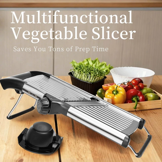Alt view image 2 of 7 - 5in1 Adjustable Mandoline Slicer, Stainless Steel Vegetable Cutter | Ultra Sharp Blades, NonSlip Base, Safety Food Holder Included, Julienne Slicer & Shredder for Potato, Onion, Cabbage