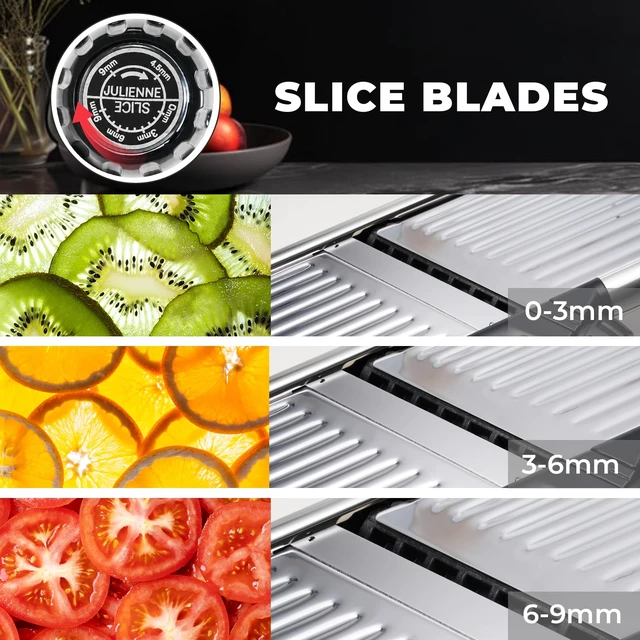 Alt view image 4 of 7 - 5in1 Adjustable Mandoline Slicer, Stainless Steel Vegetable Cutter | Ultra Sharp Blades, NonSlip Base, Safety Food Holder Included, Julienne Slicer & Shredder for Potato, Onion, Cabbage