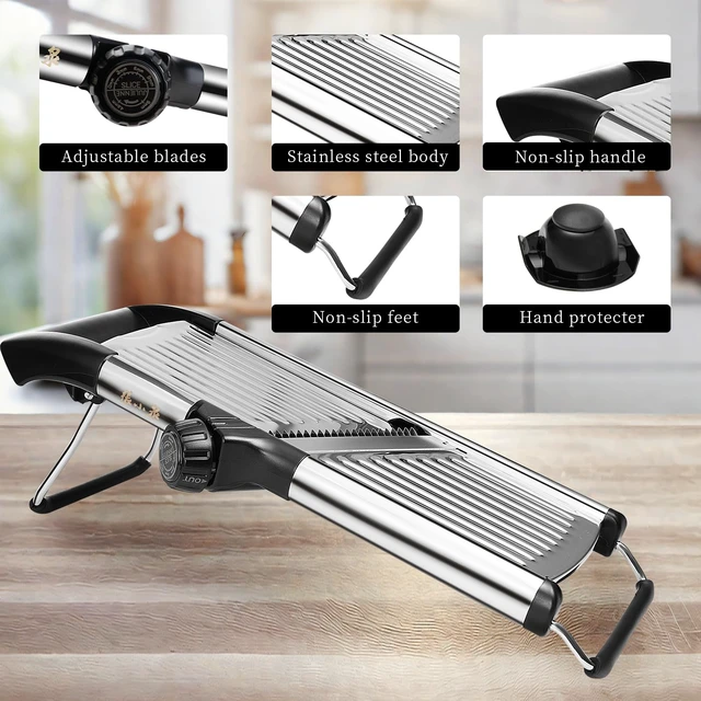 Alt view image 5 of 7 - 5in1 Adjustable Mandoline Slicer, Stainless Steel Vegetable Cutter | Ultra Sharp Blades, NonSlip Base, Safety Food Holder Included, Julienne Slicer & Shredder for Potato, Onion, Cabbage