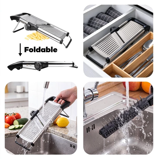 Alt view image 6 of 7 - 5in1 Adjustable Mandoline Slicer, Stainless Steel Vegetable Cutter | Ultra Sharp Blades, NonSlip Base, Safety Food Holder Included, Julienne Slicer & Shredder for Potato, Onion, Cabbage
