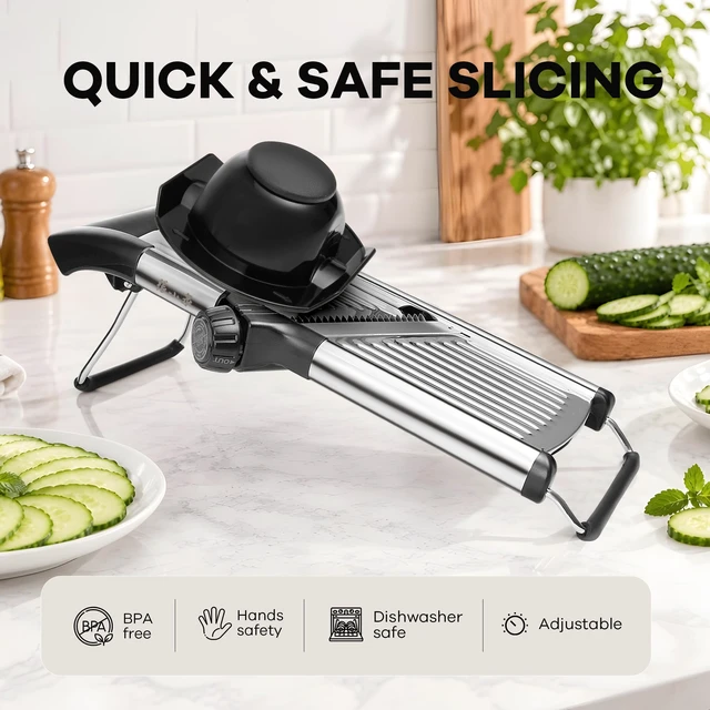 Alt view image 7 of 7 - 5in1 Adjustable Mandoline Slicer, Stainless Steel Vegetable Cutter | Ultra Sharp Blades, NonSlip Base, Safety Food Holder Included, Julienne Slicer & Shredder for Potato, Onion, Cabbage