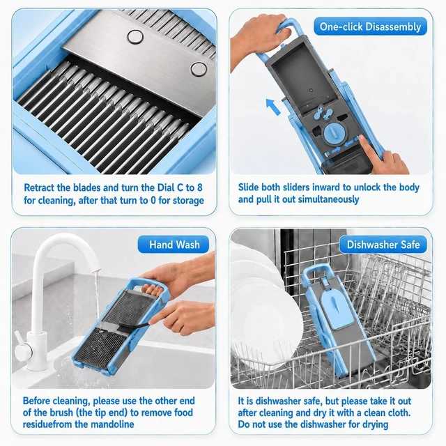 Alt view image 6 of 7 - Mandoline Slicer, 4-in-1 Vegetable Slicer with Container, Adjustable Veggie Chopper, Onion, Potato & Cucumber Slicer, Hand Guard, Peeler & Cleaning Brush