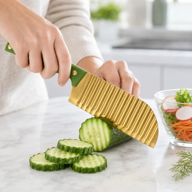 Alt view image 4 of 7 - Gold Crinkle Cutter Knife Wave Fry Cutter for Potato Cucumber | Carrot Cutting, Wave Cut Design, Vegetable Slicer, Crinkle Fry Cutter, Gold Finish