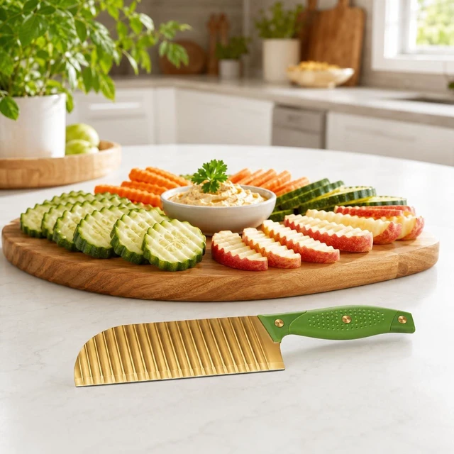 Alt view image 6 of 7 - Gold Crinkle Cutter Knife Wave Fry Cutter for Potato Cucumber | Carrot Cutting, Wave Cut Design, Vegetable Slicer, Crinkle Fry Cutter, Gold Finish