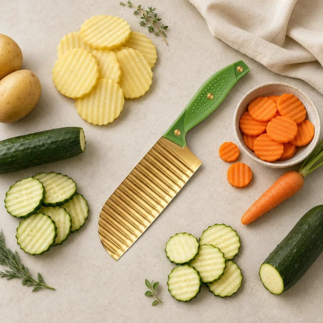 Alt view image 5 of 7 - Gold Crinkle Cutter Knife Wave Fry Cutter for Potato Cucumber | Carrot Cutting, Wave Cut Design, Vegetable Slicer, Crinkle Fry Cutter, Gold Finish