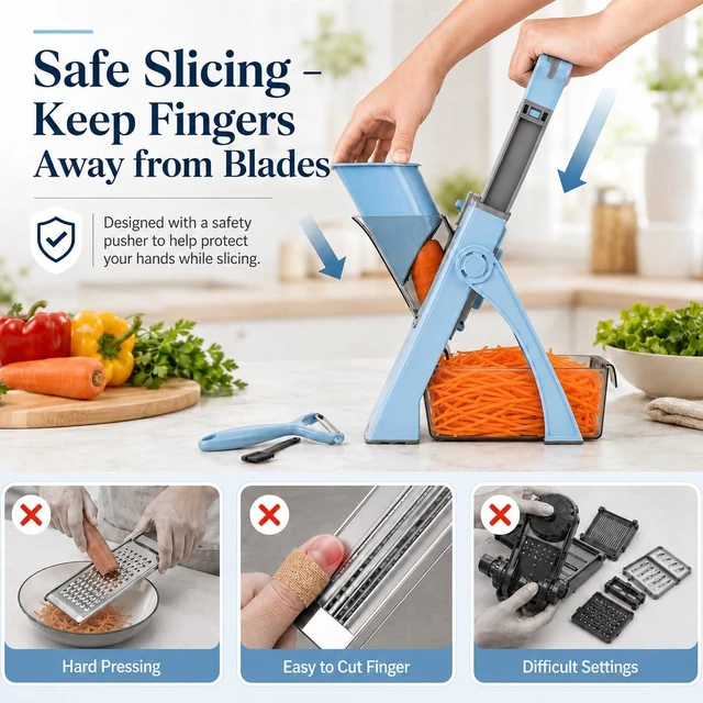 Alt view image 2 of 7 - Mandoline Slicer, 4-in-1 Vegetable Slicer with Container, Adjustable Veggie Chopper, Onion, Potato & Cucumber Slicer, Hand Guard, Peeler & Cleaning Brush