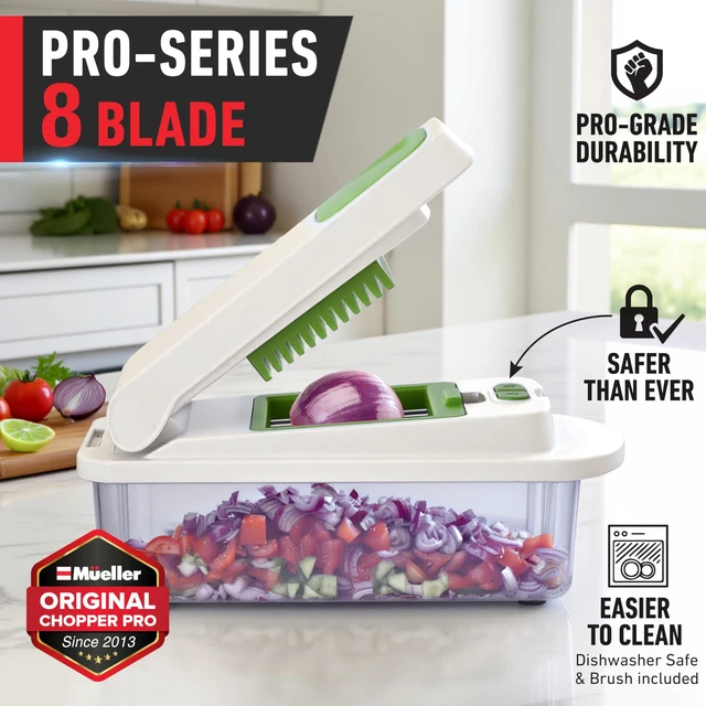 Alt view image 2 of 7 - MUELLER HOME Pro-Series 10-in-1 Vegetable Chopper, 8 Blade Onion Mincer | Cutter, Dicer, Fruit Slicer with Container, French Fry Cutter Potato Slicer, Home Essentials, Salad Chopper White Sand/Green