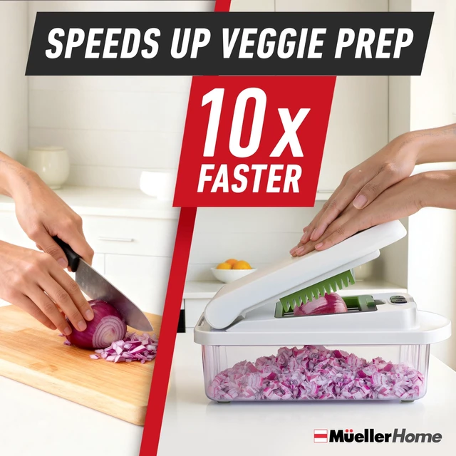 Alt view image 3 of 7 - MUELLER HOME Pro-Series 10-in-1 Vegetable Chopper, 8 Blade Onion Mincer | Cutter, Dicer, Fruit Slicer with Container, French Fry Cutter Potato Slicer, Home Essentials, Salad Chopper White Sand/Green