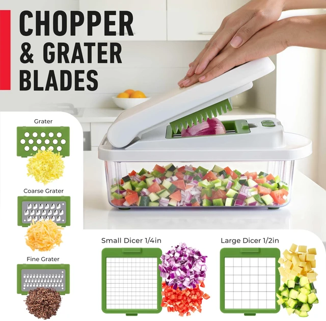 Alt view image 5 of 7 - MUELLER HOME Pro-Series 10-in-1 Vegetable Chopper, 8 Blade Onion Mincer | Cutter, Dicer, Fruit Slicer with Container, French Fry Cutter Potato Slicer, Home Essentials, Salad Chopper White Sand/Green