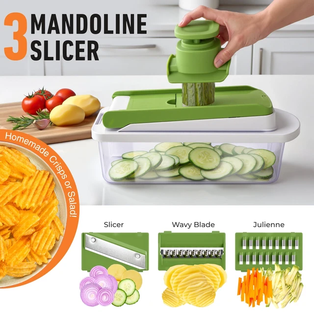 Alt view image 6 of 7 - MUELLER HOME Pro-Series 10-in-1 Vegetable Chopper, 8 Blade Onion Mincer | Cutter, Dicer, Fruit Slicer with Container, French Fry Cutter Potato Slicer, Home Essentials, Salad Chopper White Sand/Green