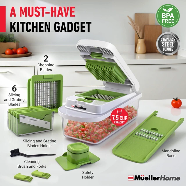 Alt view image 7 of 7 - MUELLER HOME Pro-Series 10-in-1 Vegetable Chopper, 8 Blade Onion Mincer | Cutter, Dicer, Fruit Slicer with Container, French Fry Cutter Potato Slicer, Home Essentials, Salad Chopper White Sand/Green