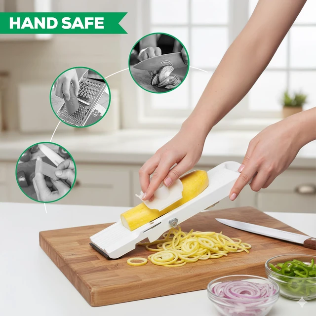 Alt view image 6 of 7 - Japanese Mandoline Slicer Vegetable Slicer with 4 Stainless Steel Blades, BPA-Free Adjustable Vegetable Cutter Official US Version with Authentic Retail Packaging