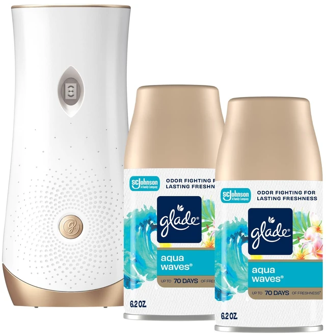 Main image of Automatic Spray Air Freshener Kit, Aqua Waves, Holder + 2 Refills | 6.2 oz Each, Includes Holder and 2 Refills, Home and Bathroom Use, Adjustable Timed Fragrance Release, Odor Fighting