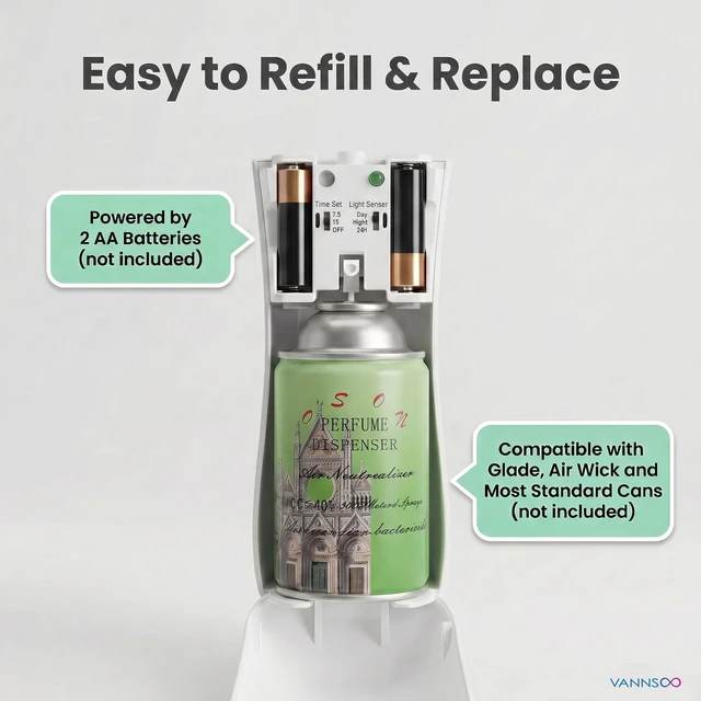 Alt view image 4 of 7 - Automatic Air Freshener Spray Dispenser 2-Pack, Wall Mount Desktop | ABS Plastic Odor Eliminator, Timer & Light Sensor Modes, Battery Operated for Home Bathroom Office Hotel, White