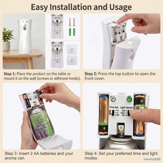 Alt view image 6 of 7 - Automatic Air Freshener Spray Dispenser 2-Pack, Wall Mount Desktop | ABS Plastic Odor Eliminator, Timer & Light Sensor Modes, Battery Operated for Home Bathroom Office Hotel, White